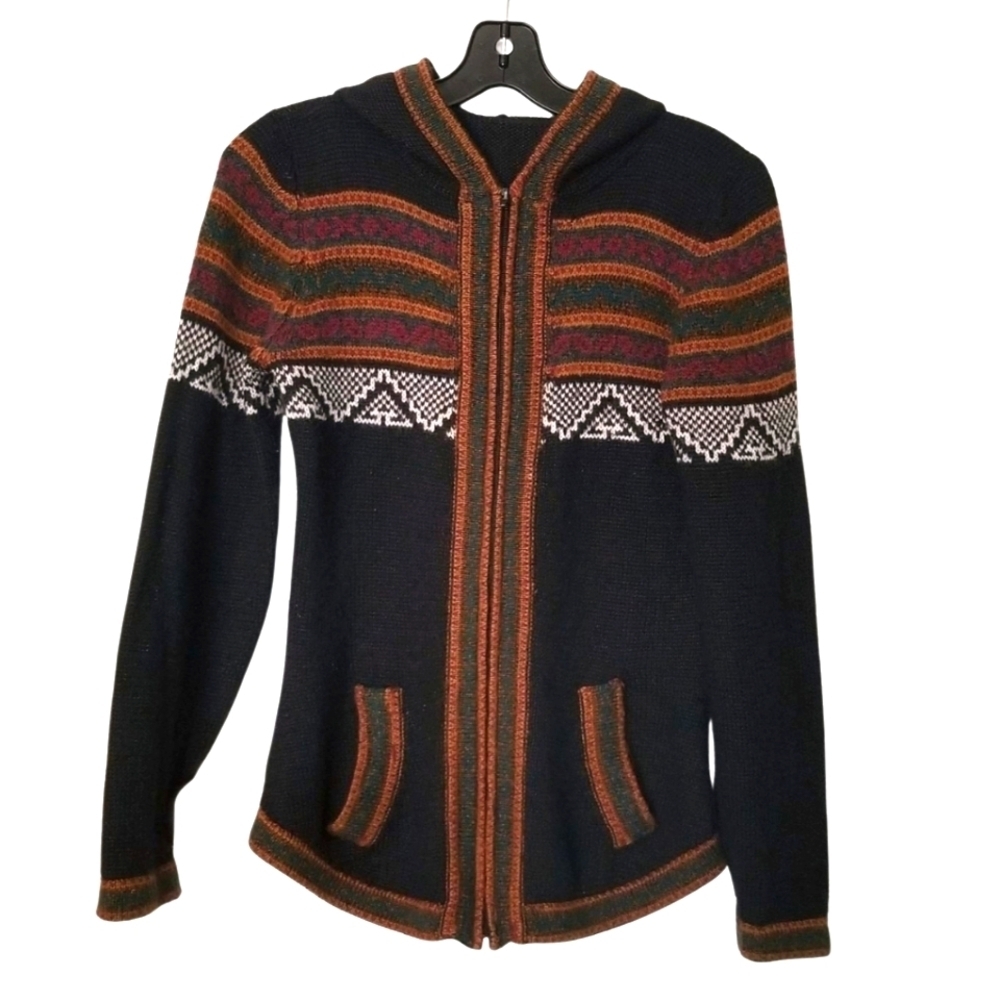 Black Hooded Knit Zip Jacket Geometric Pattern Folk Ethnic Sweater Size Medium